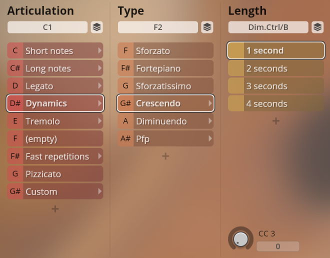 User interface of Studio Chamber Strings Sordino software showing articulation, type, and length parameters for string instrument sounds, highlighting D# Dynamics and G# Crescendo options with 1-second length selected.