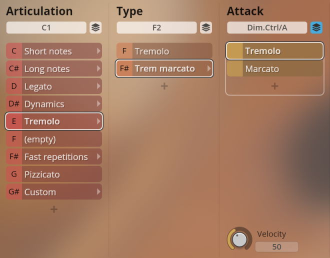 Studio Chamber Strings Sordino user interface showing articulation, type, and attack settings including Tremolo, Marcato, and Velocity controls.