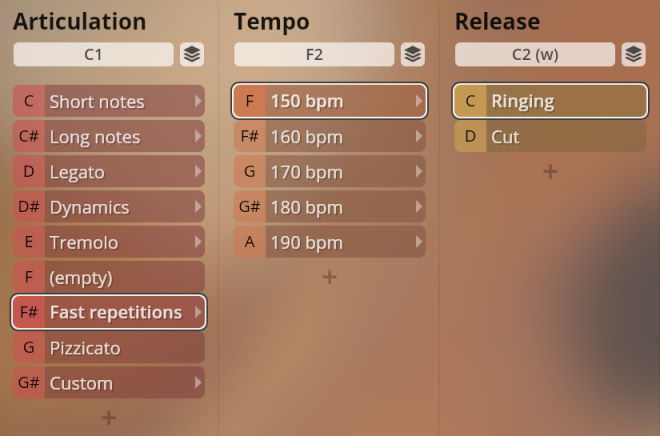 Software interface for Studio Chamber Strings Sordino showing articulation, tempo, and release settings, with options like short notes, legato, tremolo, fast repetitions, 150-190 bpm, ringing, and cut.