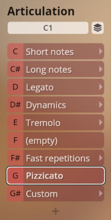 Software interface showing Studio Chamber Strings Sordino articulation options including short notes, long notes, legato, dynamics, tremolo, fast repetitions, pizzicato, and custom settings.