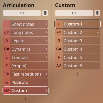 Studio Chamber Strings Sordino software interface displaying Articulation and Custom sound settings for virtual instruments