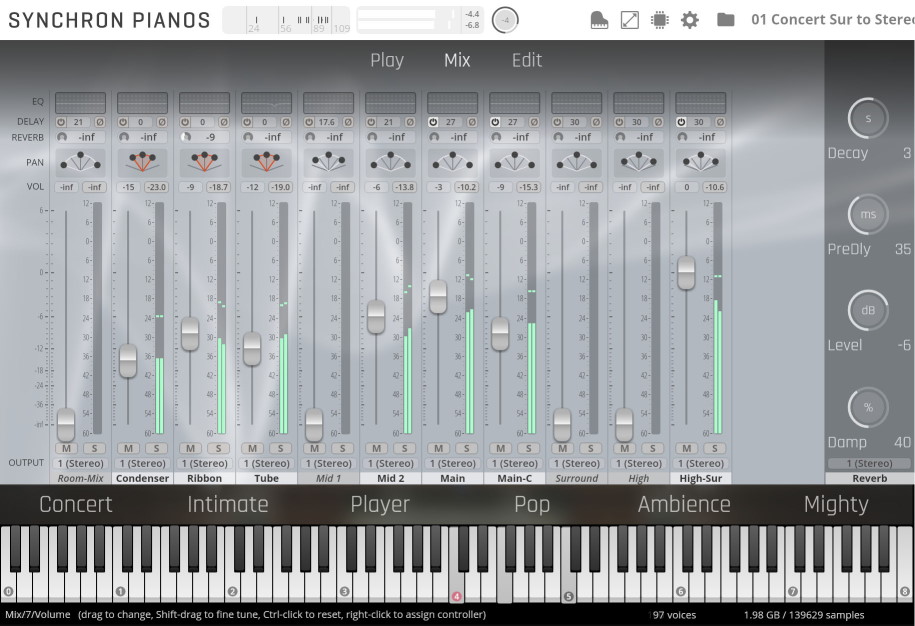Digital audio workstation (DAW) interface for Synchron Pianos, showing mixing controls including faders, pan, and effects, with a virtual piano keyboard at the bottom, optimized for a German Upright piano.