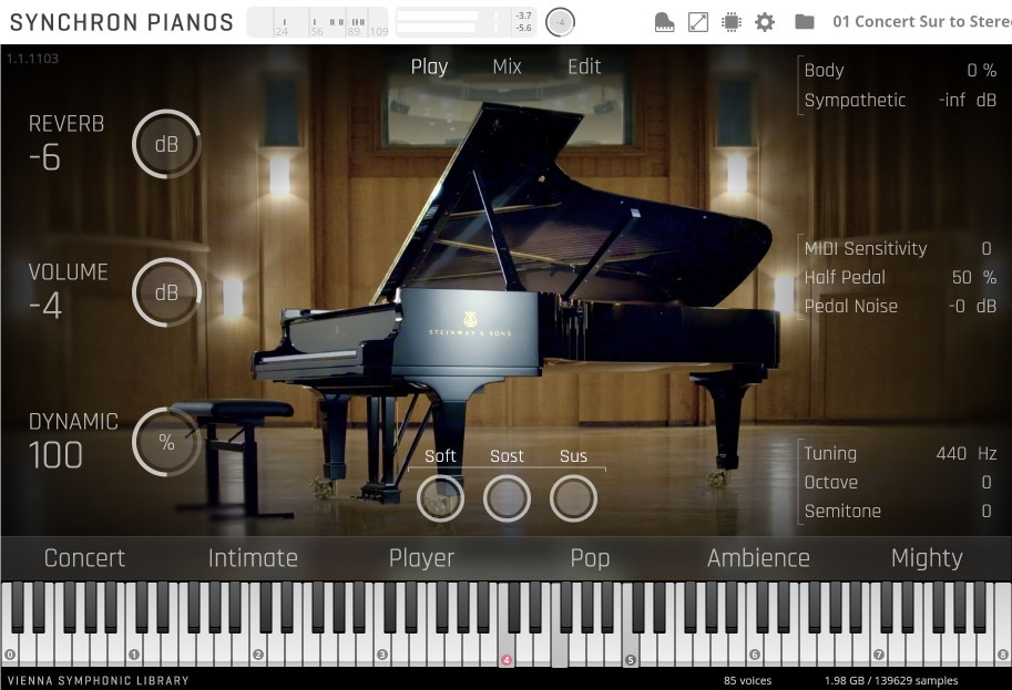 Software interface displaying a vintage C. Bechstein upright piano, its internal mechanics visible, with adjustable parameters like reverb, volume, dynamic, and MIDI settings for detailed sound customization.