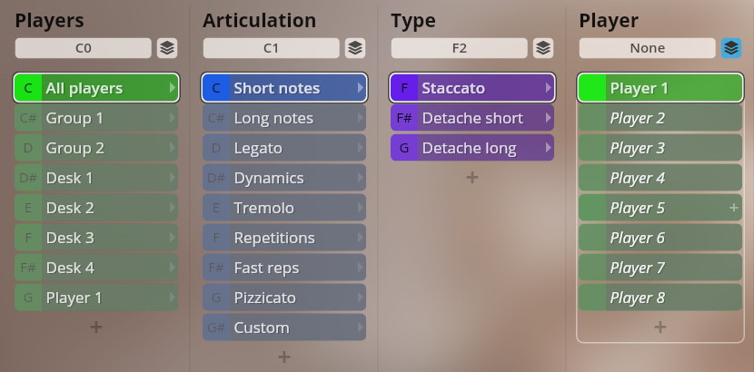 Software interface showing controls for players, articulation, type, and individual player selection for Studio Dimension Strings virtual instruments.