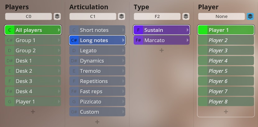 User interface displaying Studio Dimension Strings settings for players, articulation, and type, with Long Notes and Sustain selected.
