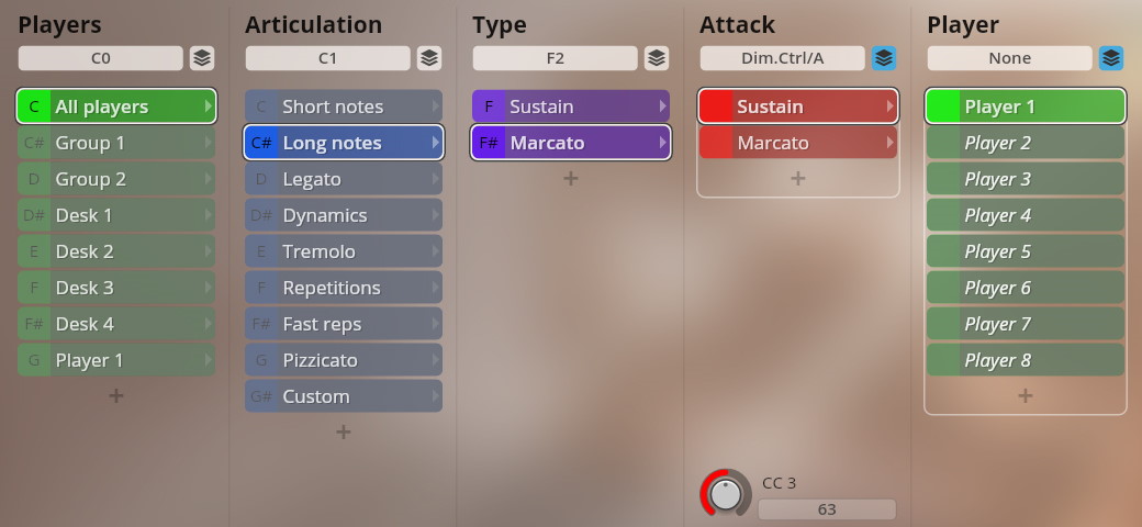 Screenshot of the Studio Dimension Strings I-III software interface showing player, articulation, type, and attack settings, with long notes and sustain selected.