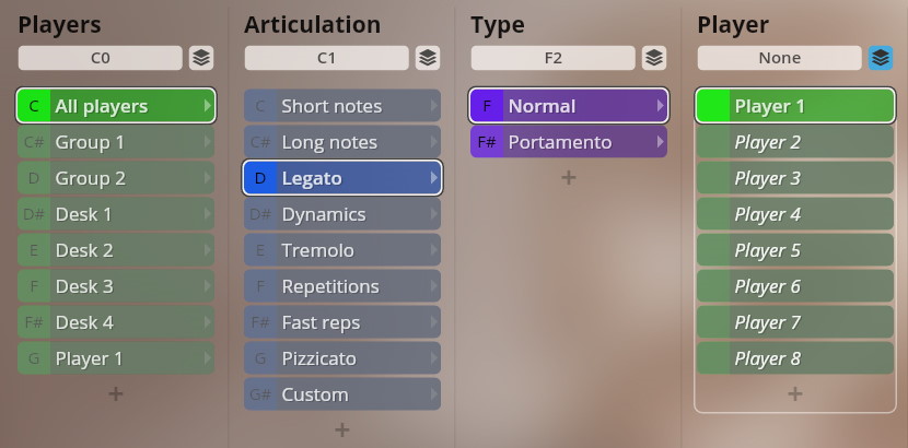 Sound library user interface with selected options: All players (green), Legato (blue), Normal (purple), and Player 1 (green).
