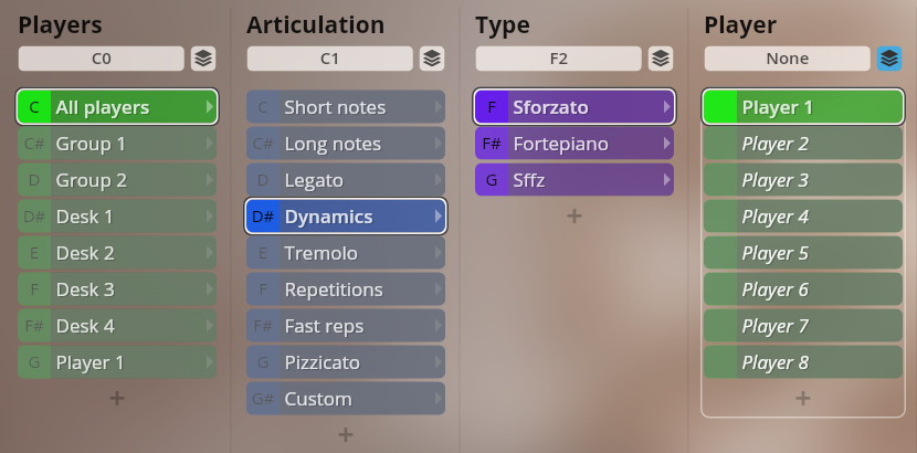Studio Dimension Strings I-III user interface showing control panels for Players, Articulation (Dynamics selected), Type (Sforzato, Fortepiano, Sffz), and individual Player selection for orchestral arrangement.