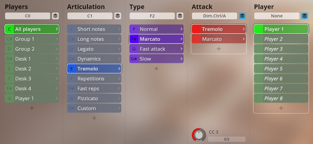 A digital audio workstation (DAW) interface for Studio Dimension Strings I-III with control panels for Players, Articulation, Type, Attack, and Player assignments. The Tremolo articulation is selected, alongside Marcato for Type and Attack, and All Players and Player 1 are highlighted.
