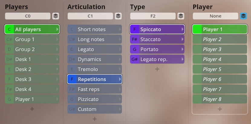 Virtual instrument interface displaying Studio Dimension Strings settings for players, articulation, and type, with options like Spiccato, Staccato, and Repetitions selected.