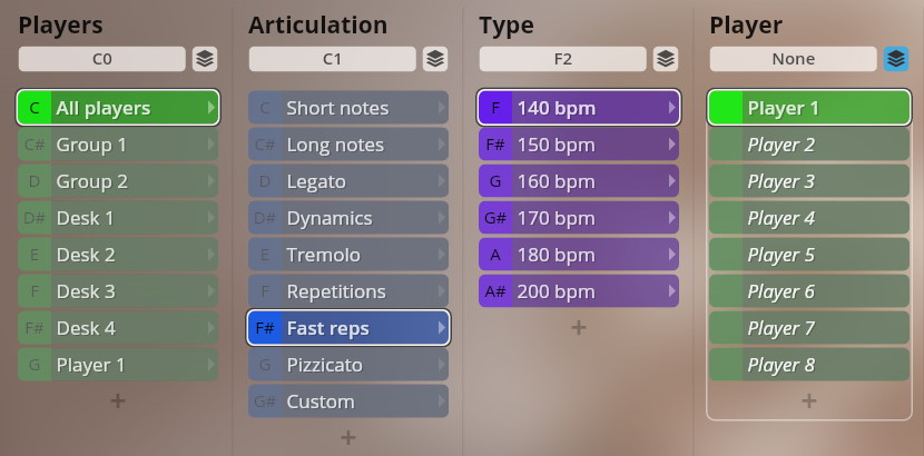 Studio Dimension Strings interface for players, articulation, type, and individual player selection, showing options like All Players, Short/Long notes, Legato, Fast Repetitions, and various BPM settings.