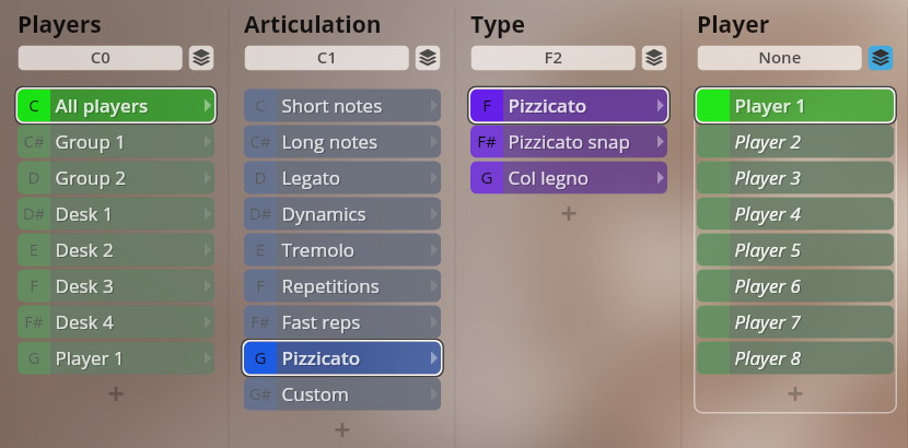 Studio Dimension Strings virtual instrument interface showing selected players and articulations, including Pizzicato.