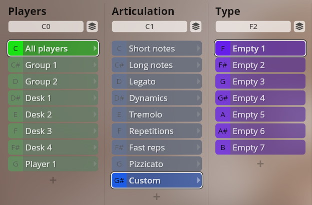 Studio Dimension Strings I-III user interface displaying Players, Articulation, and Type selection menus for instrument control.