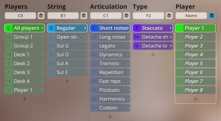 Virtual instrument user interface showcasing selectable options for players, string types, articulation, and individual player assignments, including Staccato and Short notes highlighted.