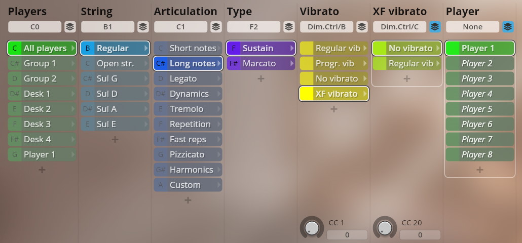 Studio Dimension Strings I-III user interface displaying options for Players, String, Articulation, Type, Vibrato, XF vibrato, and Player selection, including settings for long notes, sustain, and XF vibrato.