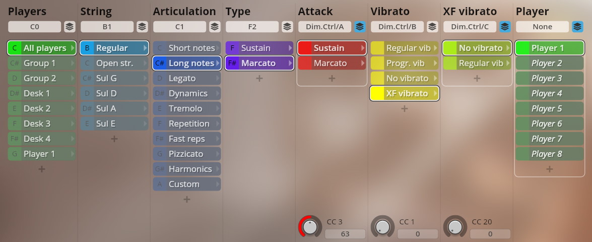 Graphical user interface of Studio Dimension Strings showing categories like Players, String, Articulation, Type, Attack, Vibrato, XF vibrato, and Player selection, with All players, Regular string, Long notes articulation, Sustain type, Sustain attack, XF vibrato for vibrato, and Player 1 selected, along with CC controls at the bottom.