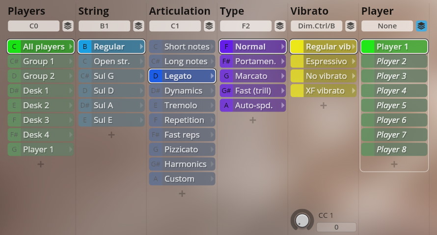 User interface of Vienna Symphonic Library Studio Dimension Strings, showing options for players, string type, articulation like legato and pizzicato, vibrato, and instrument type settings, relevant to music production software.