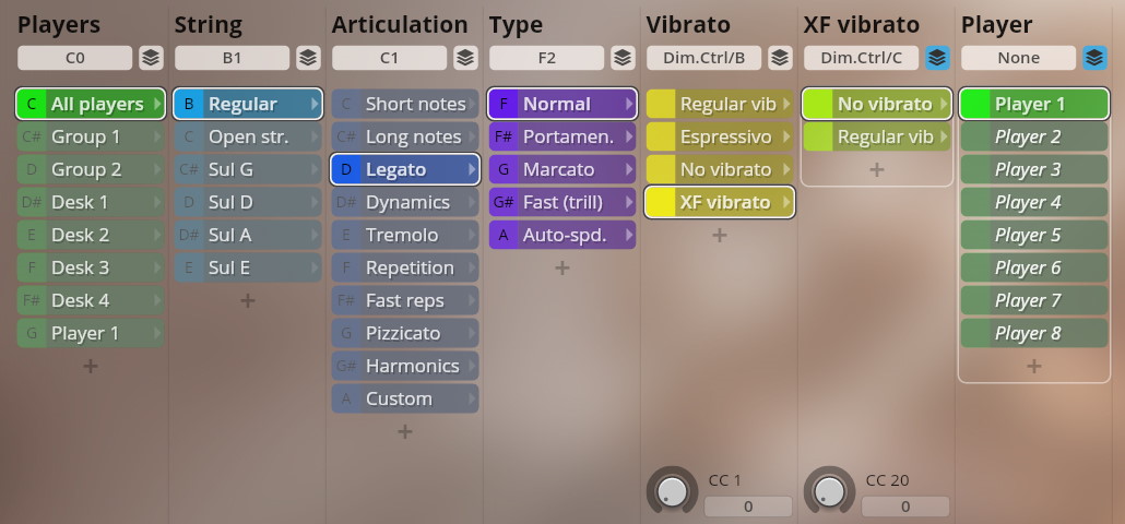 Studio Dimension Strings I-III user interface displaying options for Players, String, Articulation, Type, Vibrato, XF vibrato, and Player selection.