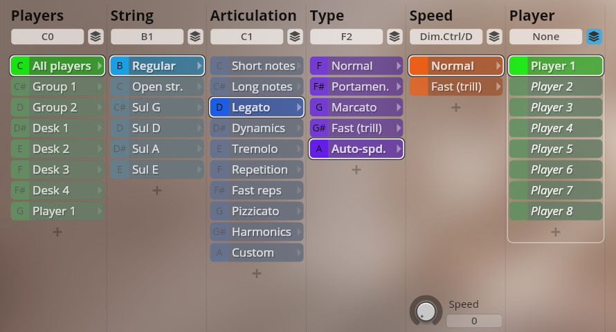 Studio Dimension Strings I-III user interface showing options for players, string type, articulation, note type, speed, and player selection for musical composition.