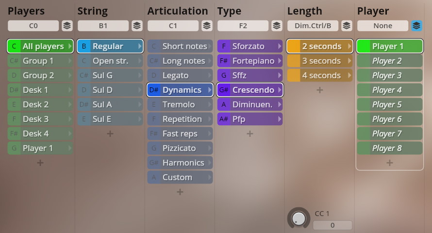 Studio Dimension Strings I-III software interface showing player, string, articulation, type, length, and player settings for orchestral samples, with All players, Regular, Dynamics, Crescendo, 2 seconds, and Player 1 currently selected.