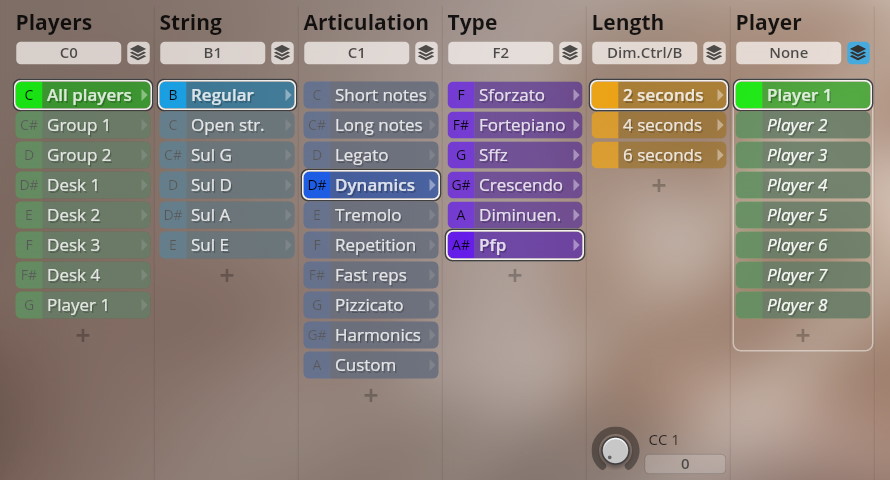 User interface displaying configurable parameters for string instrument sounds, including player groupings, string types, articulation styles, dynamics (Sforzato, Fortepiano, Sffz, Crescendo, Diminuen., Pfp), note lengths, and individual player assignments, relevant for Studio Dimension Strings I-III.