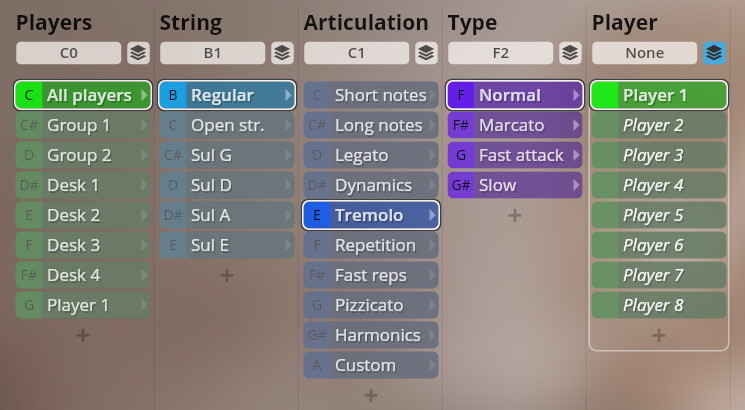 Studio Dimension Strings I-III user interface displaying player, string, articulation, and type options with Tremolo and Normal selected.