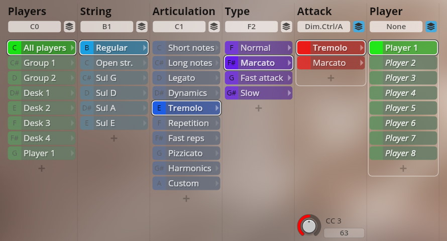 User interface showcasing sound effect settings for Studio Dimension Strings I-III, with selected options for All players, Regular string, Tremolo articulation, Marcato type, Tremolo attack, and Player 1.