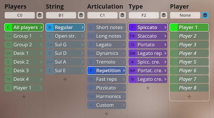 User interface displaying options for selecting players, string types, articulation, and various musical parameters for Studio Dimension Strings I-III, including Spiccato, Staccato, and Legato.