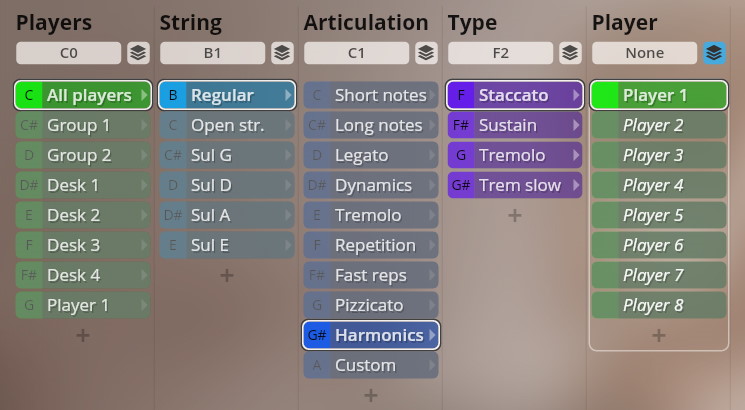User interface showing detailed sound parameters for Studio Dimension Strings virtual instrument, including player, string, articulation, and type controls for musical production.