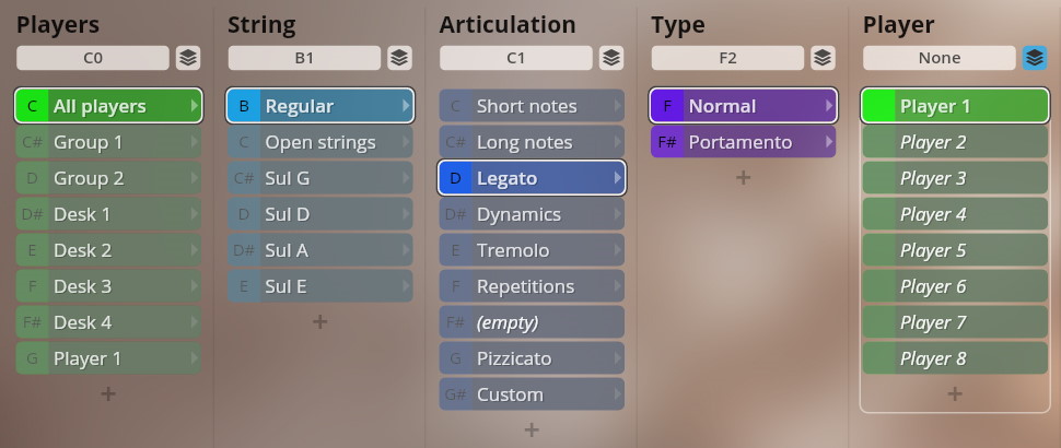 User interface showing dropdown menus and selections for Studio Dimension Strings I-III sound library, with highlighted options for All players, Regular string, Legato articulation, Normal type, and Player 1.