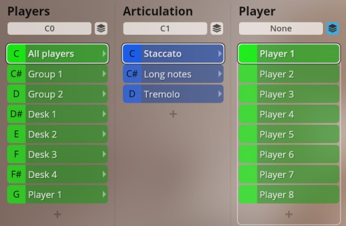 User interface showing selectable options for Players Articulation and Player settings for Dimension Strings virtual instrument All players staccato and player one are highlighted.