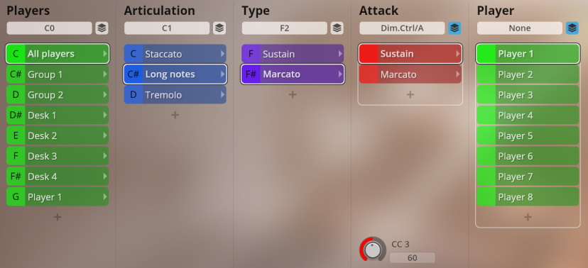 User interface screenshot for Studio Dimension Strings I-III, showing selectable options for Players, Articulation, Type, Attack, and Player assignment, with All players, Long notes, Marcato, Sustain, and Player 1 selected.