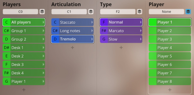 Virtual instrument interface showing player, articulation, and type selection options for Studio Dimension Strings orchestra library.