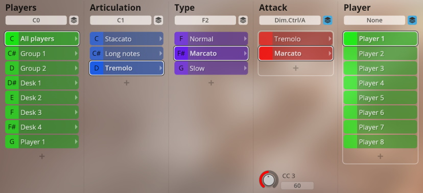 Software interface showcasing sound library parameters for Studio Dimension Strings I-III with selectable options for Players, Articulation including Tremolo, Type with Marcato, Attack, and individual Player assignments.