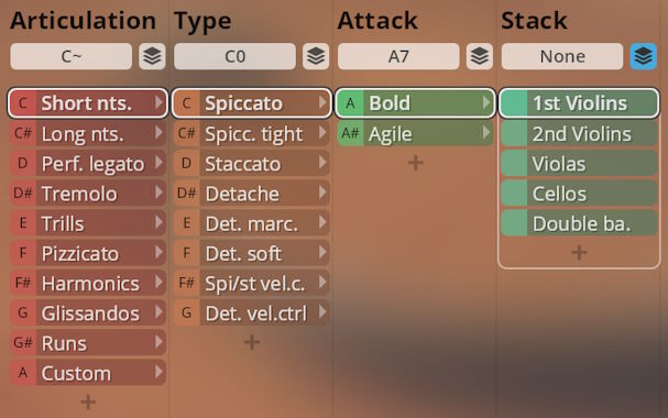 Synchron Duality Strings user interface showing articulation, type, attack, and instrument stack options like violins, violas, cellos, and double bass for virtual orchestration.