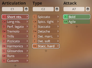 Synchron Duality Strings software interface displaying articulation, type, and attack options for instrument sound customization.