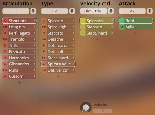 Synchron Strings virtual instrument interface displaying articulation, type, velocity control, and attack parameters for composing with orchestral sounds.