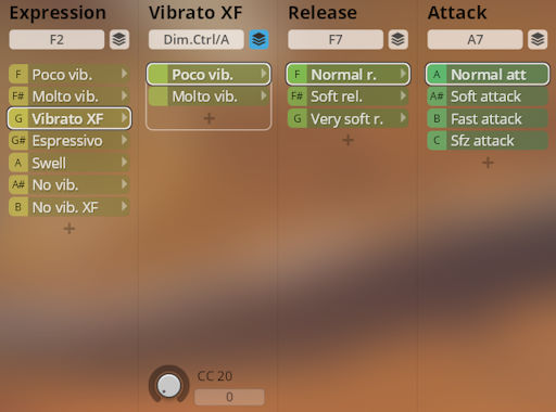Screenshot of Synchron Duality Strings software interface showing Expression, Vibrato XF, Release, and Attack control sections with various articulation choices.