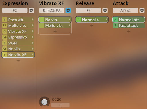 Vienna Symphonic Library Synchron Duality Strings software interface showing Expression, Vibrato XF, Release, and Attack parameters.