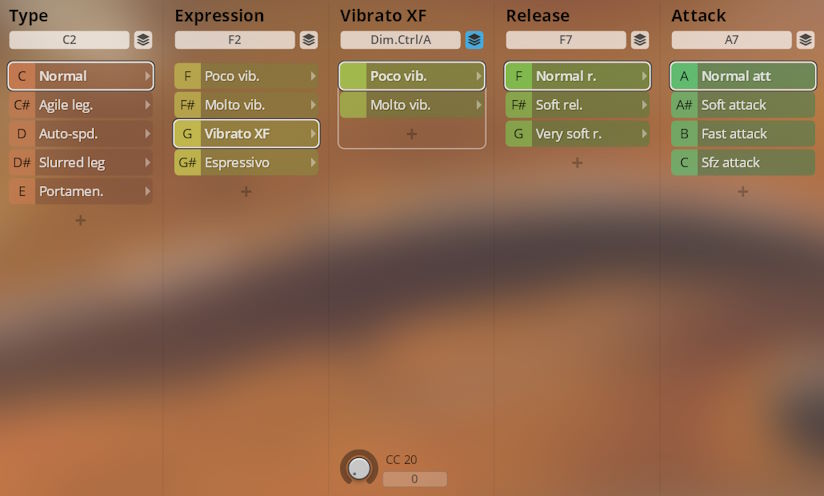 User interface for Synchron Duality Strings virtual instrument showing Type, Expression, Vibrato XF, Release, and Attack settings.