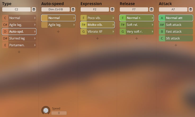 Vienna Symphonic Library Synchron Duality Strings musical instrument software interface showing parameters for Type, Auto-speed, Expression, Release, and Attack.