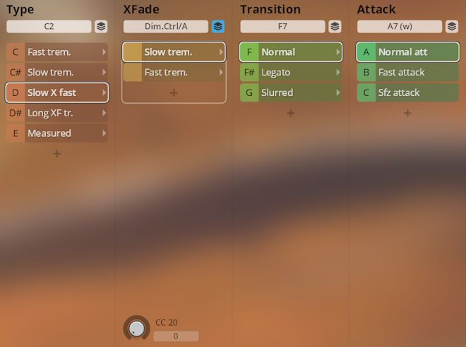 Screenshot of the Synchron Instruments user interface, showing sound parameters for Type, XFade, Transition, and Attack with options like Slow X fast and Normal selected.