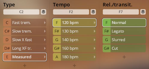 Software interface showing Vienna Symphonic Library Synchron Duality Strings parameters for Type (Fast tremolo, Slow tremolo, Slow X fast, Long XF tr., Measured), Tempo (120-180 bpm), and Rel./transit. (Normal, Legato, Slurred, Cut) settings.