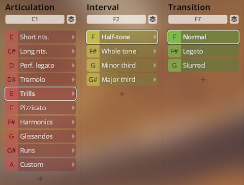 User interface for Synchron Duality Strings showing articulation, interval, and transition options like Trills, Half-tone, and Normal.