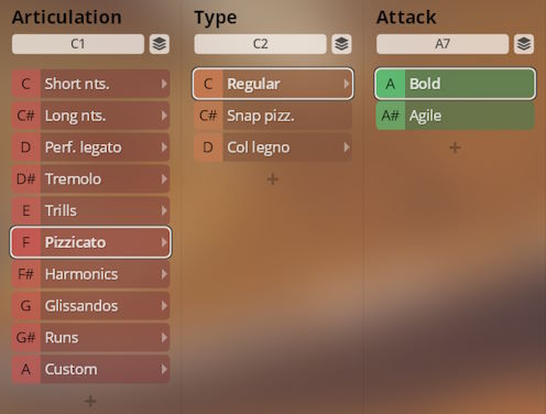 User interface showing sound articulation, type, and attack options, with Pizzicato, Regular, and Bold selected, for Synchron Duality Strings virtual instruments.