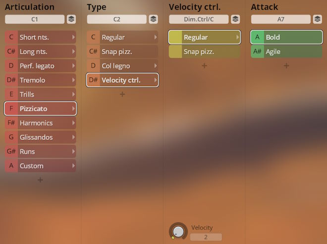 User interface showing sound articulation controls for Synchron Duality Strings, with Pizzicato, Regular, and Bold options selected.