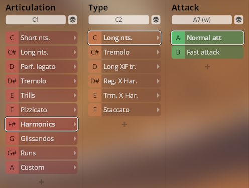 Musical instrument software interface displaying articulation, type, and attack settings for Synchron Duality Strings, including options like Long nts., Tremolo, Pizzicato, Harmonics, and Normal att.