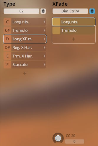 Vienna Symphonic Library Synchron Duality Strings Type and XFade interface showing options for Long XF tr. and Long nts. with C2 and Dim.Ctrl/A selected.