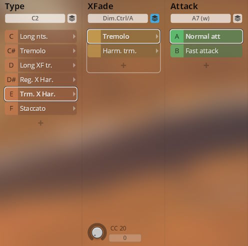 Synchron Instruments user interface showing Type, XFade, and Attack parameters for string samples including Tremolo, Staccato, and Normal Attack.