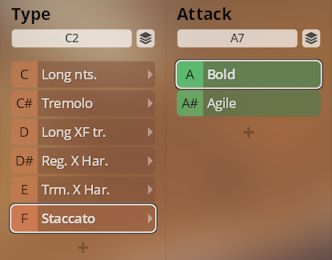 Software user interface displaying Type and Attack parameters for Synchron Duality Strings, with Staccato selected under type and Bold and Agile under attack, for music production.
